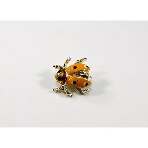 Vintage Peach Enamel Ladybug Brooch Green Rhinestone Eyes Gold Tone Pin - Picture 7 of 10